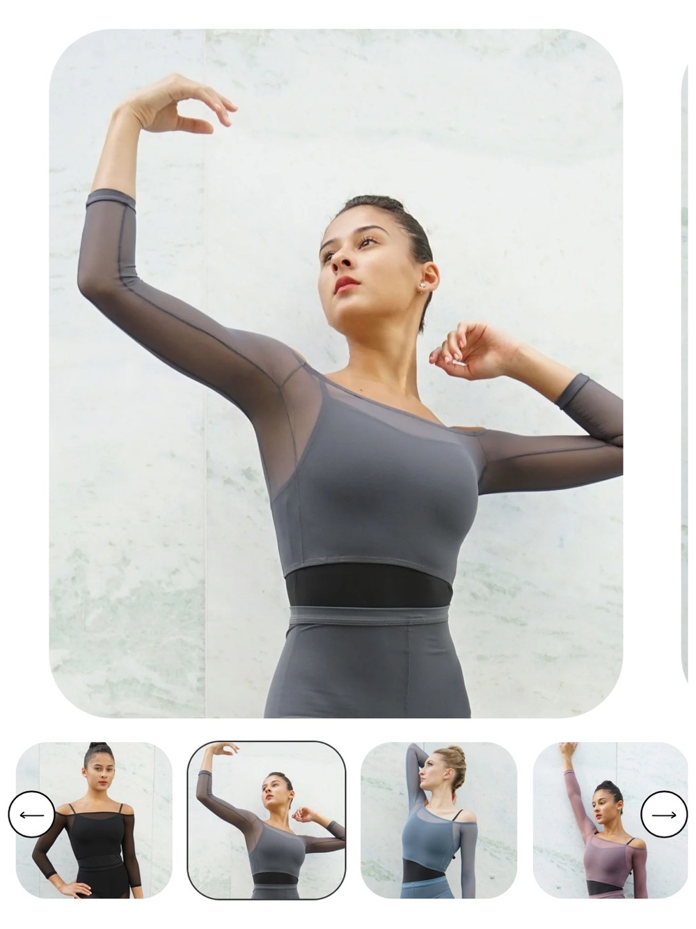 Jule Dancewear Meshies Women’s Mesh-Sleeve Crop Top in Gray